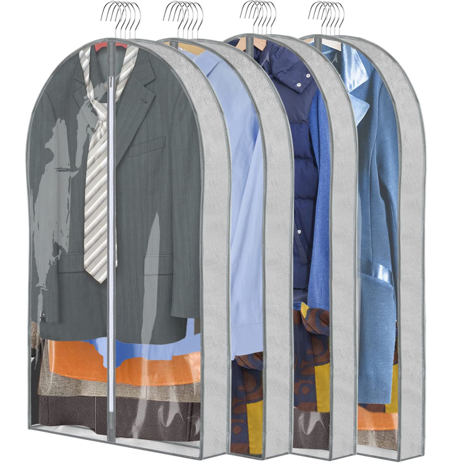 ZSURLUX Garment Bags for Clothes 60 x 100cm 4Pack, Moth Proof Clothes Covers with Zip, Hanging Storage Protector Bags for Wardrobe, Travel, Suitable for Suit, Coat, Jackets, Jumpers,etc. Grey