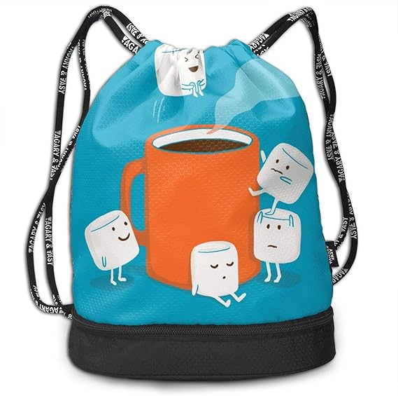 Drawstring Backpack,Cute Marshmallow Hot Chocolate Print Sport Travel