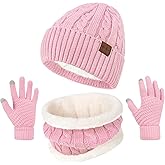 Womens Beanie Hat Scarf Touch Screen Gloves Set for Women Warm Knit Fleece Lined Skull Caps Neck Warmer Gifts