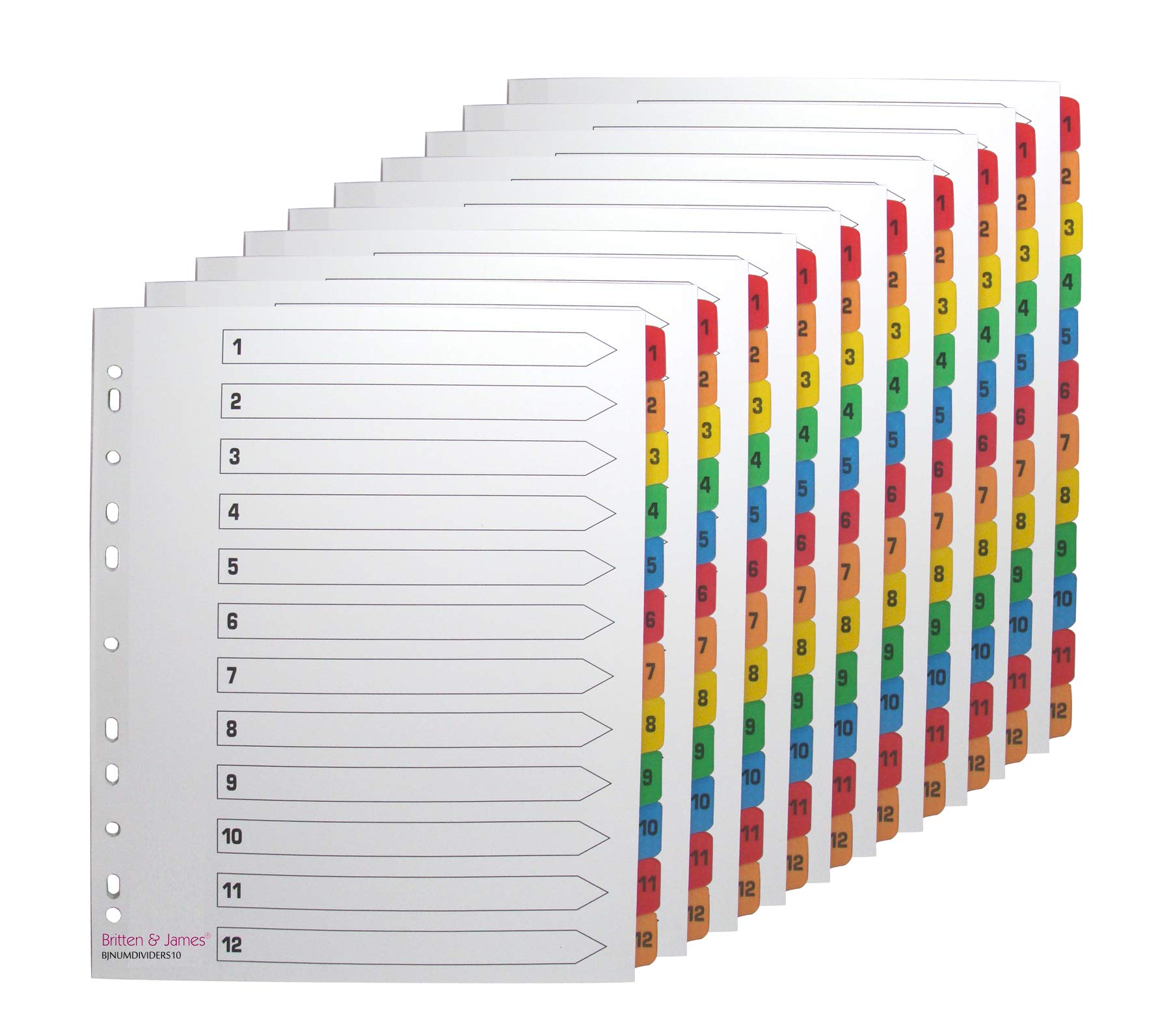 Britten & James Extra Wide File Index Dividers Numbered 12-Part 1-12 [Pack of 10 Sets]