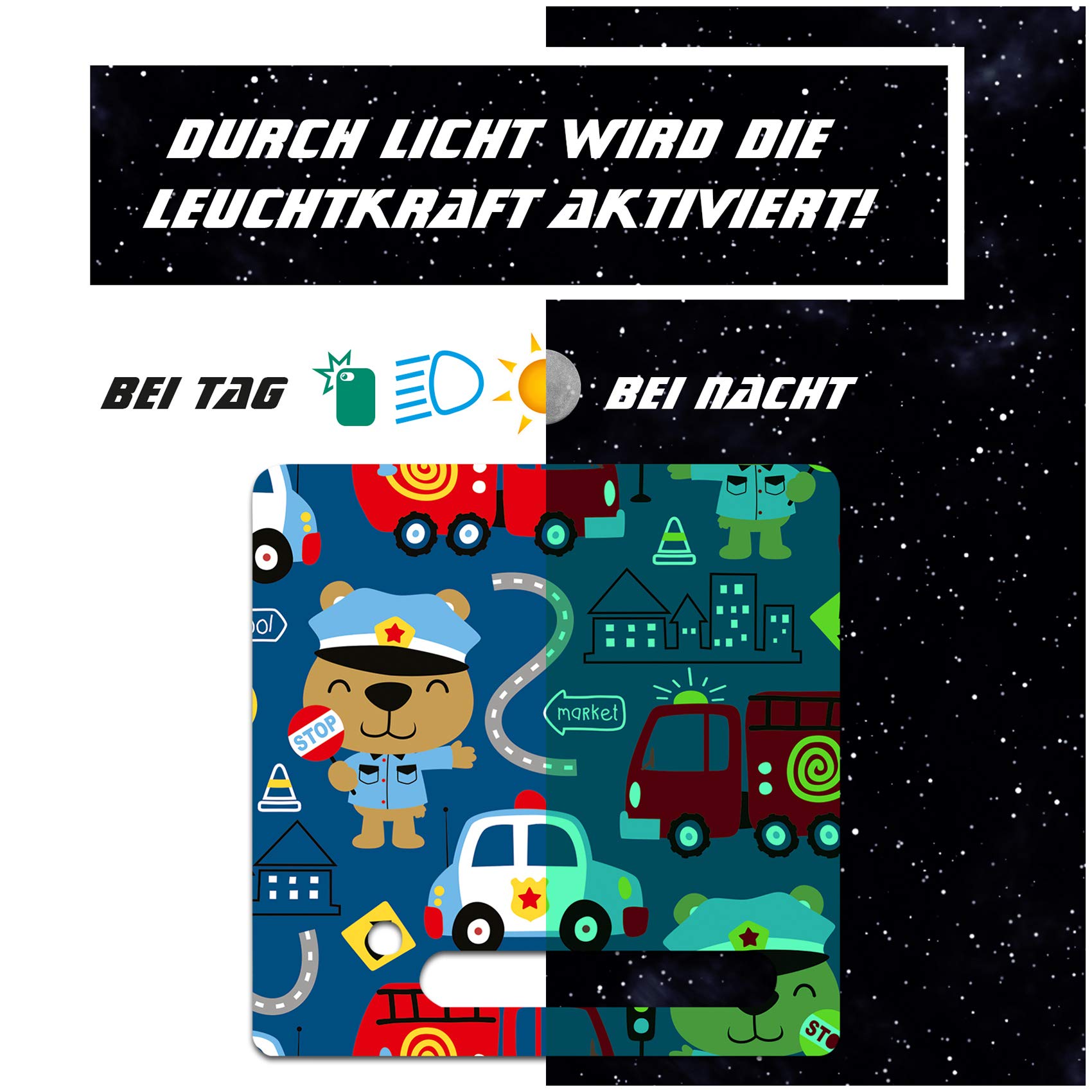 yabaduu Protective film, protective cover, luminous sticker for Toniebox, perfect fit, self-adhesive, child-friendly film for children, toys (Y031-22 emergency vehicles, glow-in-the-dark)