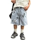 WDIRARA Boy's Cross Print Ripped Bermuda Denim Shorts Wide Leg Frayed Baggy Jean Shorts