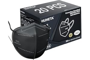 HUHETA KN95 Face Mask 20 Packs, 5 Layer Safety Mask with Elastic Ear Loop and Nose Bridge Clip, Filter Efficiency Over 95%, Protective Masks for Indoor and Outdoor Use (Black Mask)