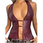 SweatyRocks Women's Y2K Punk Leather Halter Tops Backless Deep V Neck Sexy Going Out Club Top
