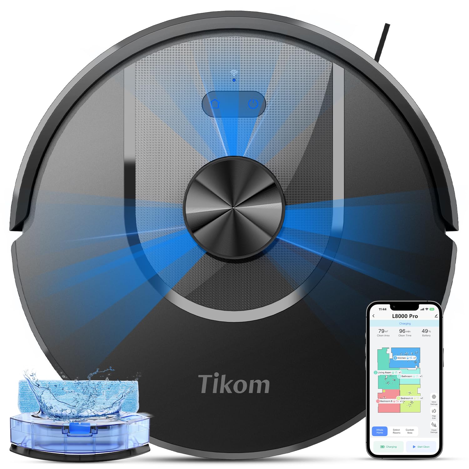 Photo 1 of Tikom Robot Vacuum and Mop Combo, 6000 Pa Automatic Robotic Vacuum Cleaner, Smart Mapping, 150 Min Max, Ideal for Pet Hair, Hardfloors, Carpets, Home(L8000 Pro)