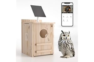 WISDOMRAINBOW Solar-Powered Smart Owl House with Camera - Outdoor Hanging Wooden Nesting Box, Real-Time View & Motion Detection, for Garden for 2.4g WiFi Coverage Area, for Owl Lovers