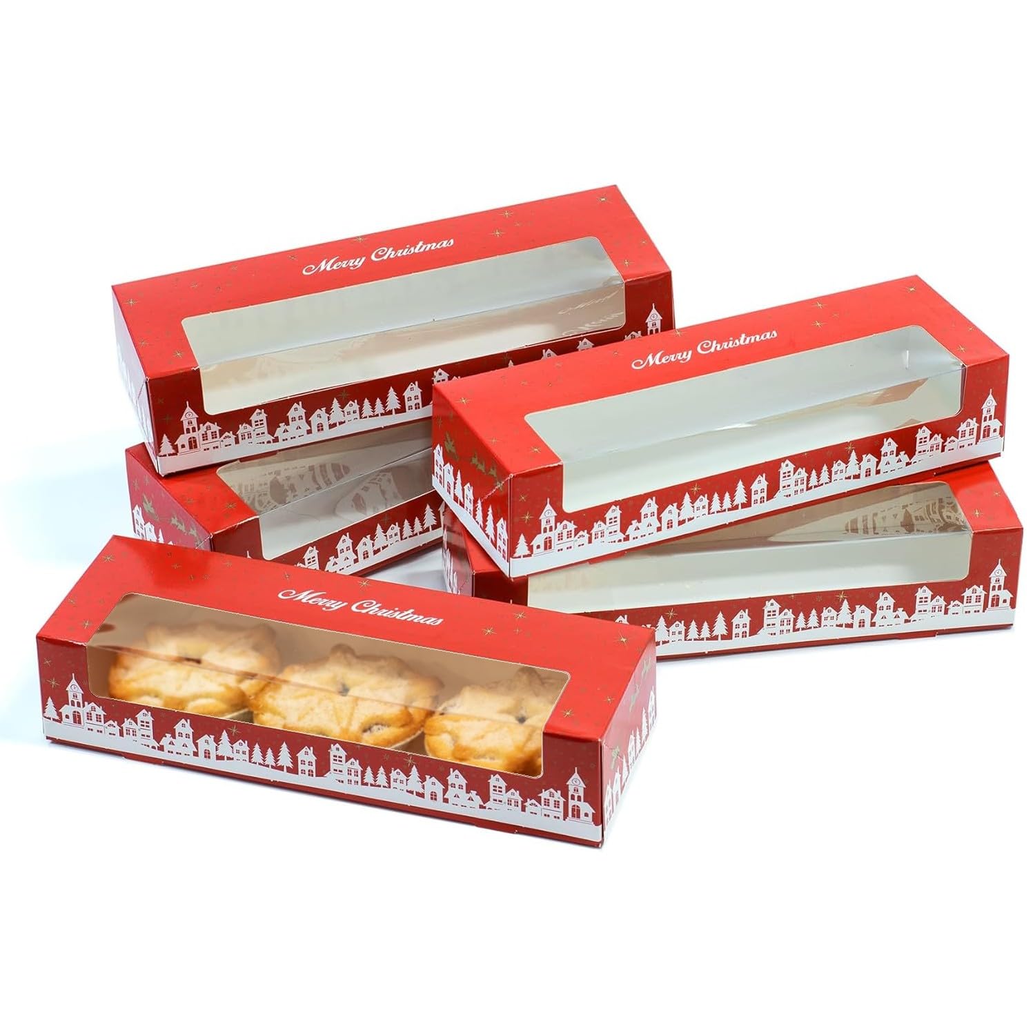Culpitt Christmas Mince Pie Boxes | 5 Pack | Red & Gold Christmas Display Boxes With See Through Window, Strong Gift Boxes For The Festive Holidays, Storage, Protection | 235mm x 75mm x 50mm - 5 Pack