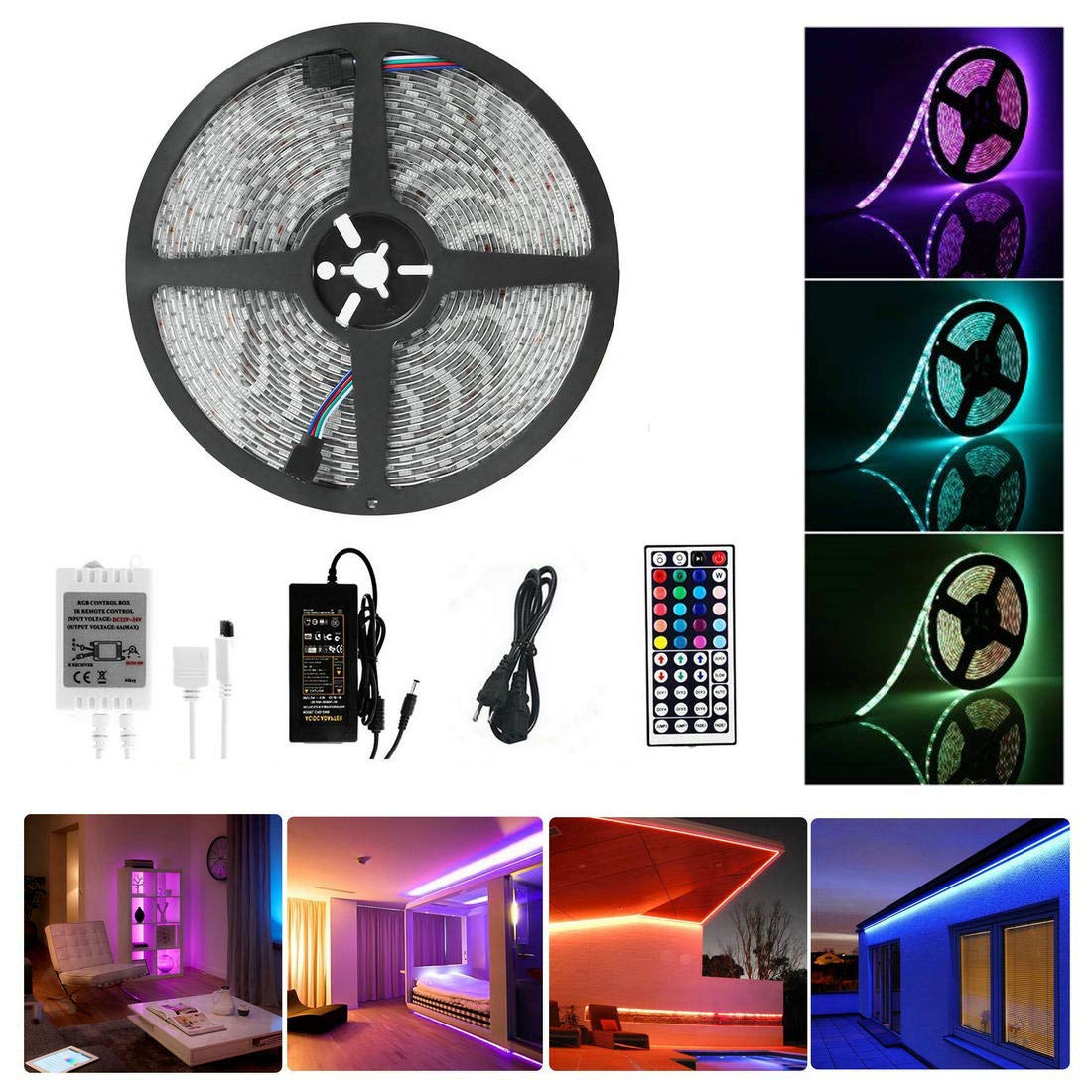 Guaiboshi 10M Tiras de Luz LED Strip Impermeable RGB 5050 SMD 600 LEDs DIY Stripes Flexible con 24V Adaptador de Alimentación + 44 Mando a Distancia Clave + Receptor Kit para casa, jardín, decoración [Clase energética A +]