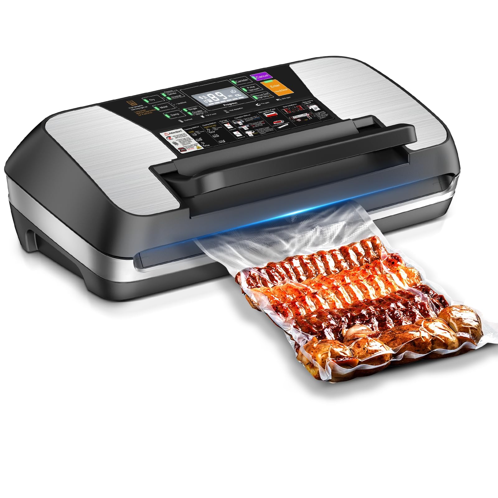 95KPA Commercial Vacuum Sealer Machine, Fully Automatic Food Sealer with Built-in Cutter for Sous Vide, Meal Prep - Includes 10 Pre-Cut Bags, Bag Rolls, Hose & Starter Kit Black Silver Image