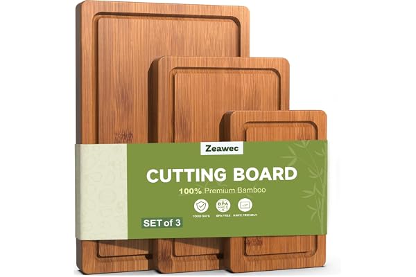 Zeawec 3-Piece Set Bamboo Cutting Board for Kitchen - Crack-Resistant Wood Chopping Boards with Deep Juice Grooves, Pre-Oiled