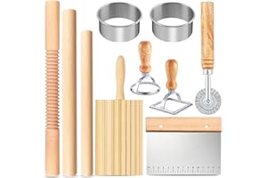 Pasta Making Tools, 10 PCS Wood Pasta Making Kit with 2 Round Cutter, 3 Rolling Pins, 1 Gnocchi Board, 1 Dough Cutter, 2 Ravi