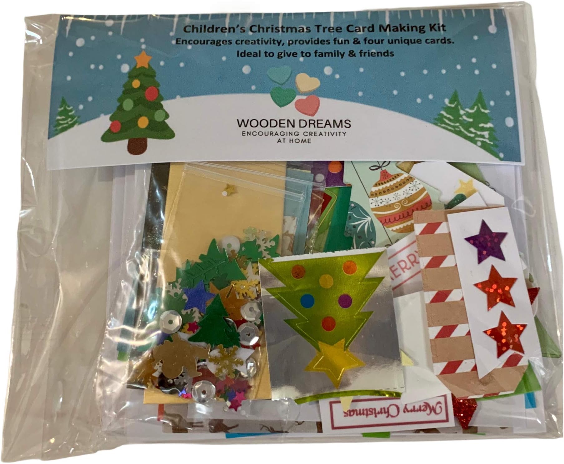 Children's Christmas Card Making Kit - Christmas Tree Theme Includes Cards & envelopes, Embellishments, Papers and Shapes