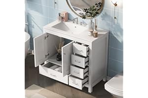 Siemd 36" Bathroom Vanity with Ceramic Sink, Bathroom Storage Cabinet with 2 Soft-Close Doors and 5 Drawers, White, (Faucet N