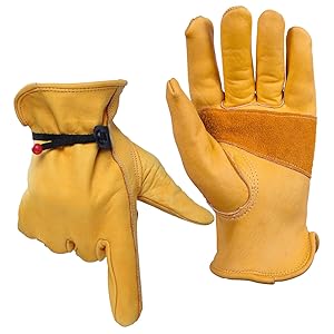 Garden Gloves Genuine Cowhide Leather with Adjustable Wrist for Wood Cutting, Construction, Garden, Mechanic, Truck Driving, 3 Pairs (Gold, Medium)