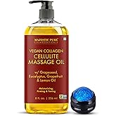 Majestic Pure Cellulite Massage Oil with Collagen & Stem Cell Extract 8oz-Firming Body Oil for Thighs, Legs, Hips, Stomach-Helps Improve Cellulite & Smooth Skin-Refreshing Aromatherapy Oil with Roller