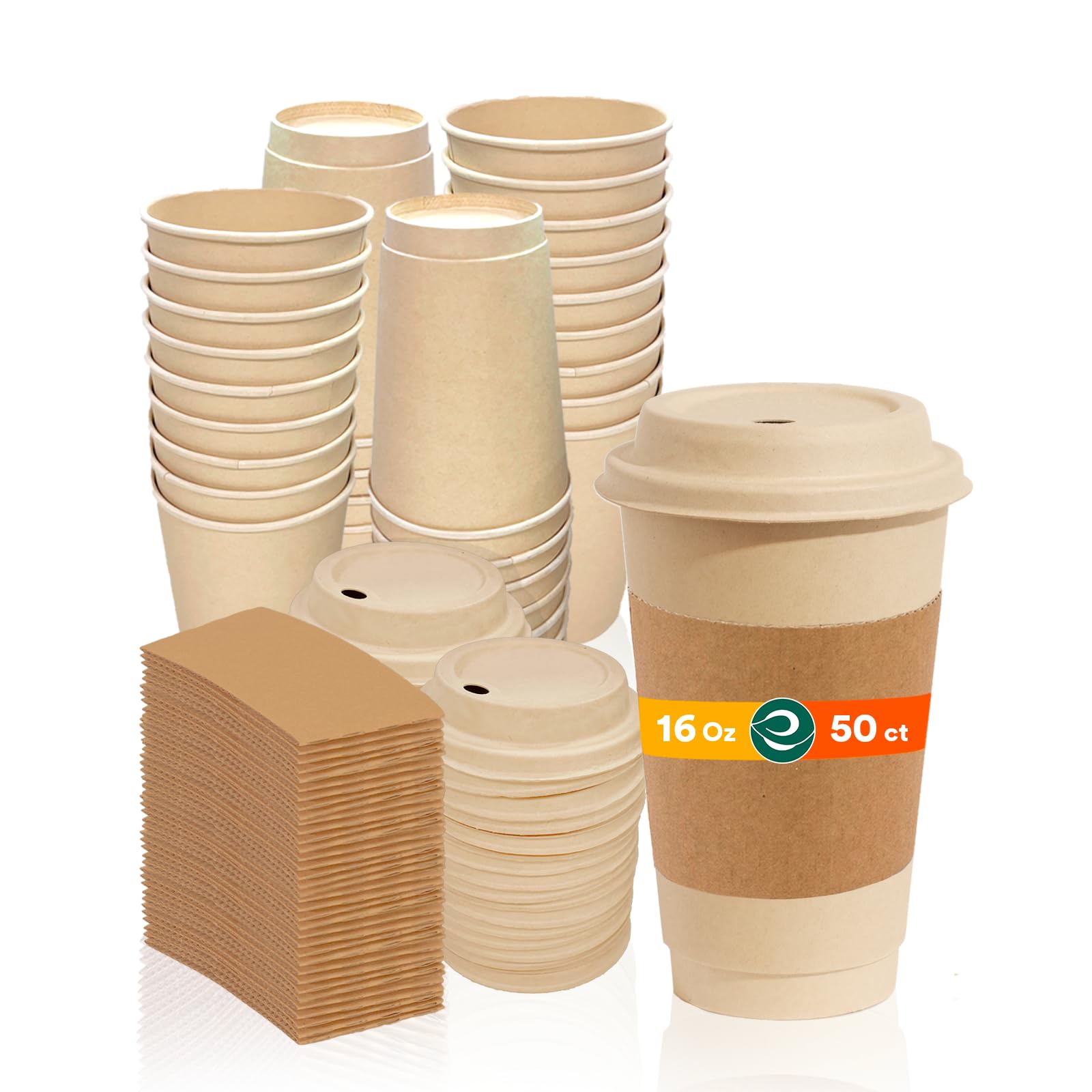 Photo 1 of ECO SOUL 100% Compostable Coffee Cups With Lids & Sleeves - 16Oz (50 Counts) To Go Coffee Disposable Bagasse Cups |Sturdy & Eco-Friendly Cups for Cafes, Party, Office