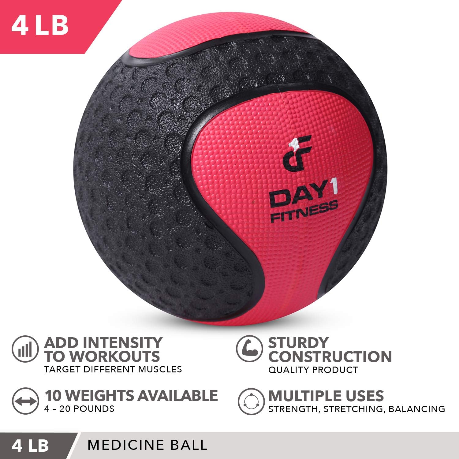 Medicine Exercise Ball with Dual Texture for Superior Grip by Day 1 Fitness - 4 Pounds - Fitness Balls for Plyometrics, Workouts - Improves Balance, Flexibility, Coordination : Sports & Outdoors