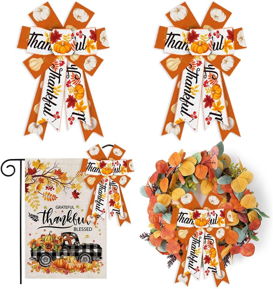 Bows & Ribbons - Threetols 2PCS Fall Wreath Bows, Orange Pumpkin Bows for Wreath Rustic Autumn Farmhouse Bows for Front Door Leaves Harvest Bows for Thanksgiving Party Home Indoor Outdoor Decor