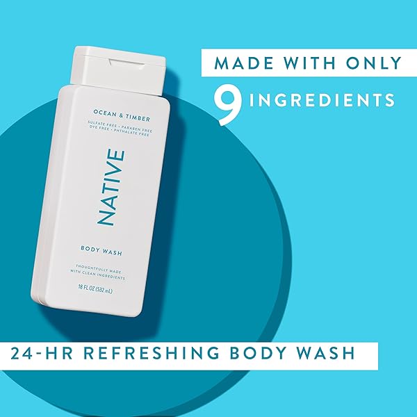 NATIVE BODY WASH CONTAINS NATURALLY DERIVED INGREDIENTS | FOR WOMEN & MEN, SULFATE, PARABEN, & DYE FREE LEAVING SKIN SOFT AND HYDRATED | OCEAN & TIMBER 18 OZ