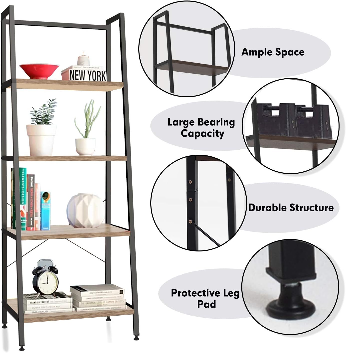 Bestier Vintage Ladder Shelf 4 Tier Bookshelf Metal and Wood Bookcase Home Office Storage Rack Display Shelf P2 Wood: Furniture & Decor