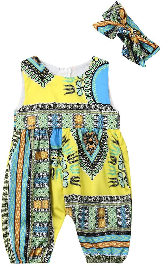 Suefunskry Baby Girls African Dashiki Print One-Piece Rompers Jumpsuit Headband Toddler Outfit