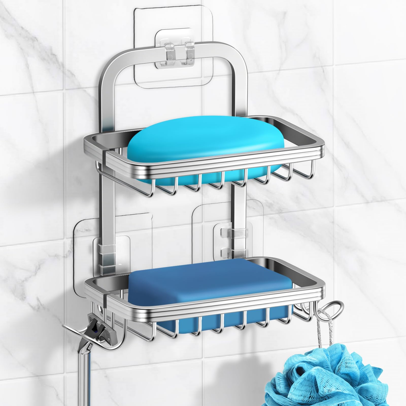 Photo 1 of 2 Tier Soap Bar Holder for Shower, Aluminum Wall Mounted Rustproof Soap Holder with 4 Hooks and Razor Holder, Shower Rack Soap Tray Bar Soap for Bathroom Accessories Organizer Silver