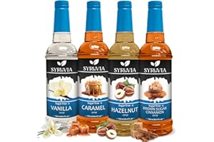 Syruvia Sugar Free Coffee Syrup Variety Pack: Vanilla, Caramel, Hazelnut, and Brown Sugar Cinnamon - Gluten-Free, Kosher, 25.4 fl oz Bottles - Enhance Your Coffee Experience,