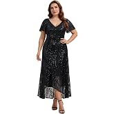 Ever-Pretty Plus Women's Sequin Maxi Plus Size Formal Wedding Guest Dress | V-Neck, Ruffle Sleeve, High-Low, High Stretch, Plus Size Cocktail Dress, Plus Size Formal Dresses