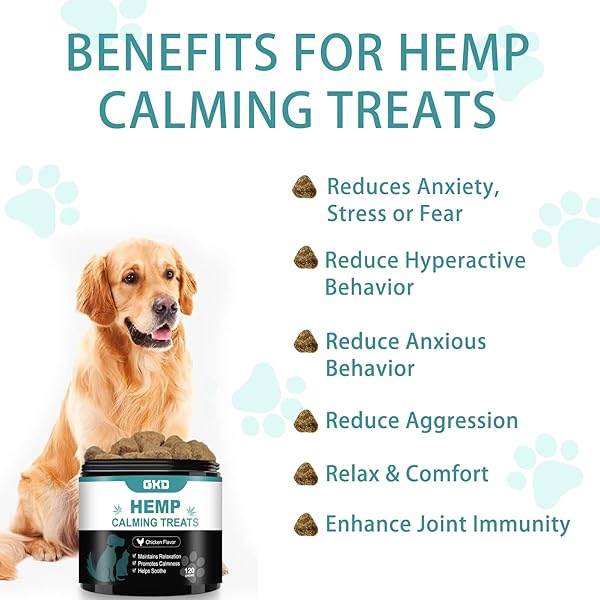 HEMP CALMING CHEWS FOR DOGS, DOG CALMING TREATS ANXIETY RELIEF 100% GOLDEN RATIO OF NATURAL INGREDIENTS TREAT, AID WITH SEPARATION, BARKING, STRESS RELIEF, THUNDERSTORMS