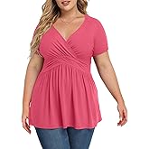 TIANZHU Women's Plus Size Dressy Tops Wrap Shirt Short Sleeve Tunic Top V Neck Low Cut Cute Blouse