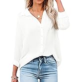 OMSJ Women's Button Down Shirts Casual Long Sleeve Stylish V Neck Solid Work Business Blouses Tops with Pocket