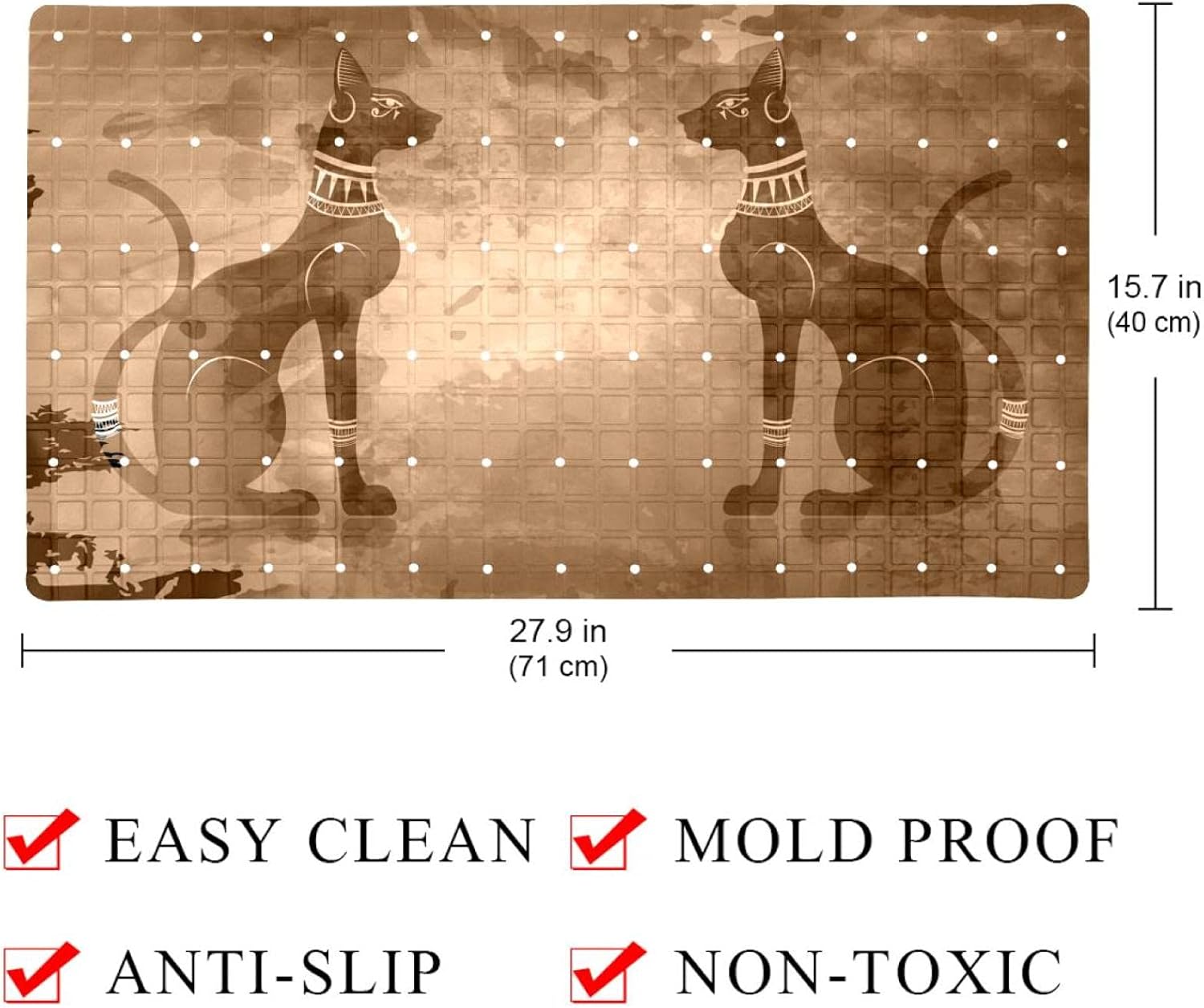 Bath Tub Shower Mat 15.7x27.9 inches Papyrus with Black Egyptian Cats Print with Suction Anti Slip Stripes-Strong Grip Suction Cups for Smooth/Non-Textured Tubs, Marble Floors: Health & Personal Care