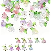 60Pcs Glass Flower Charms for Jewelry Making, Crystal Glass Floral Pendants Gold Floral Beads Charms Transparent Blooming Rose Dangle Charm for Jewelry Making Bracelet Earring Necklace Craft