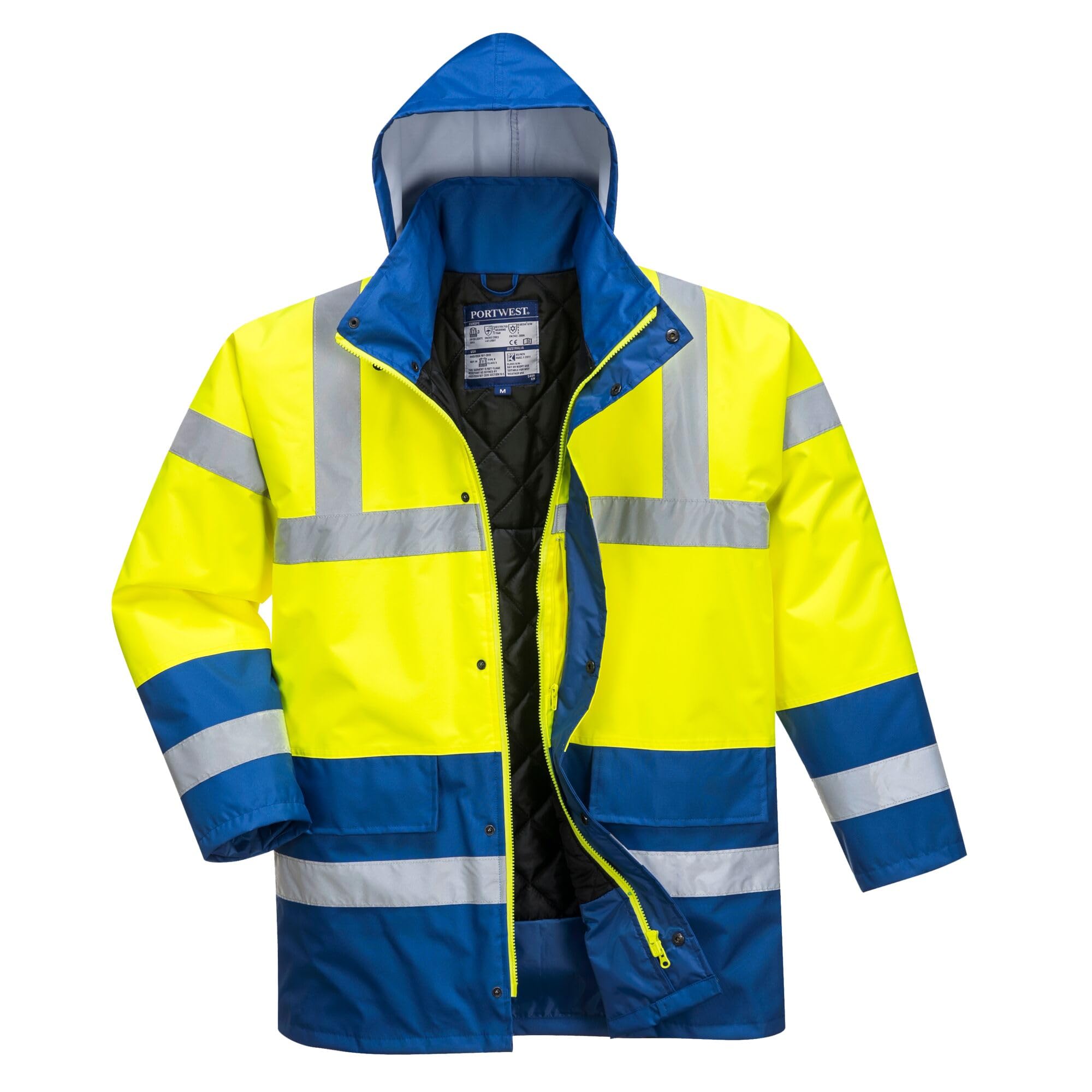 Portwest S466 Men's Waterproof Hi Vis Traffic Jacket - Reflective Safety Coat Yellow/Royal, X-Small