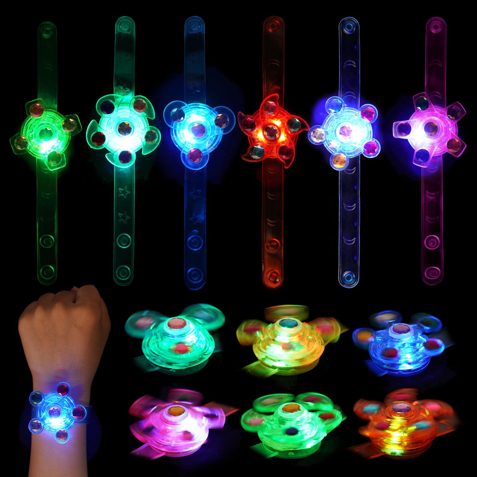 AOMIG 14 Pcs LED Light Up Bracelets, Party Bag Fillers for Kids Classroom Prizes Glow in the Dark Party Supplies, Light Up Spinner Bracelets Bulk Toy for Kids Christmas Stocking Fillers Birthday Gifts