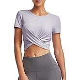 kakola Women's Twist Front Workout Crop Tops Ribbed Summer Causal Short Sleeve T-Shirt