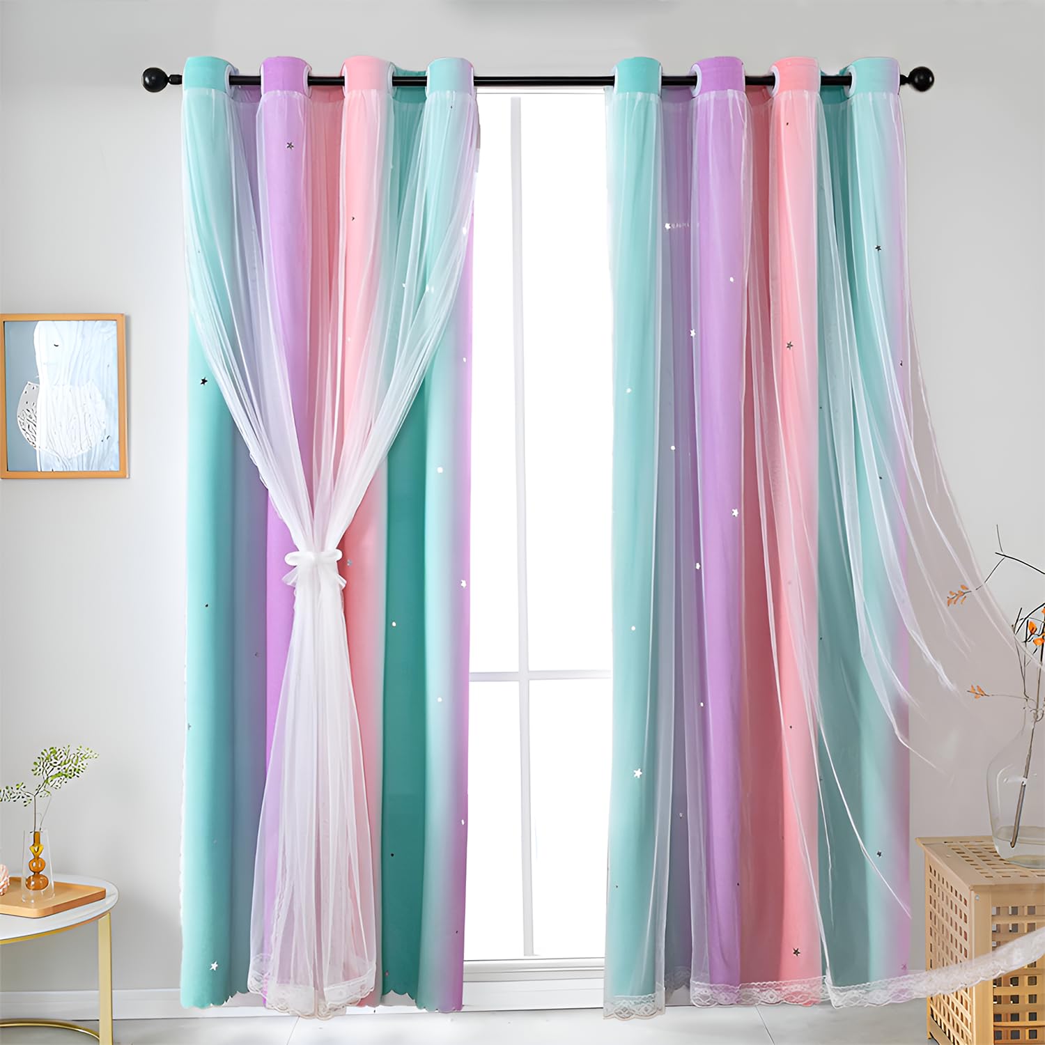 2 Panels Blackout Curtains for Bedroom,Double Layer Kids Curtain,Star Window Colorful Rainbow Curtain,Girl children Eyelet Curtains for Bedroom,Living Room,Nursery Room (Green&Purple&Pink, W52×L63)