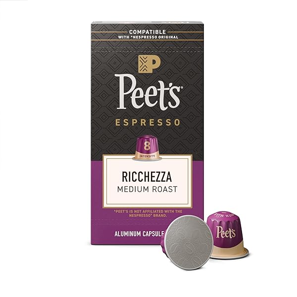 PEET’S COFFEE, MEDIUM ROAST ESPRESSO CAPSULES, COMPATIBLE WITH NESPRESSO ORIGINAL MACHINE, 100% ARABICA COFFEE – RICCHEZZA INTENSITY 8, 10 COUNT (1 BOX OF 10 ESPRESSO CAPSULES)
