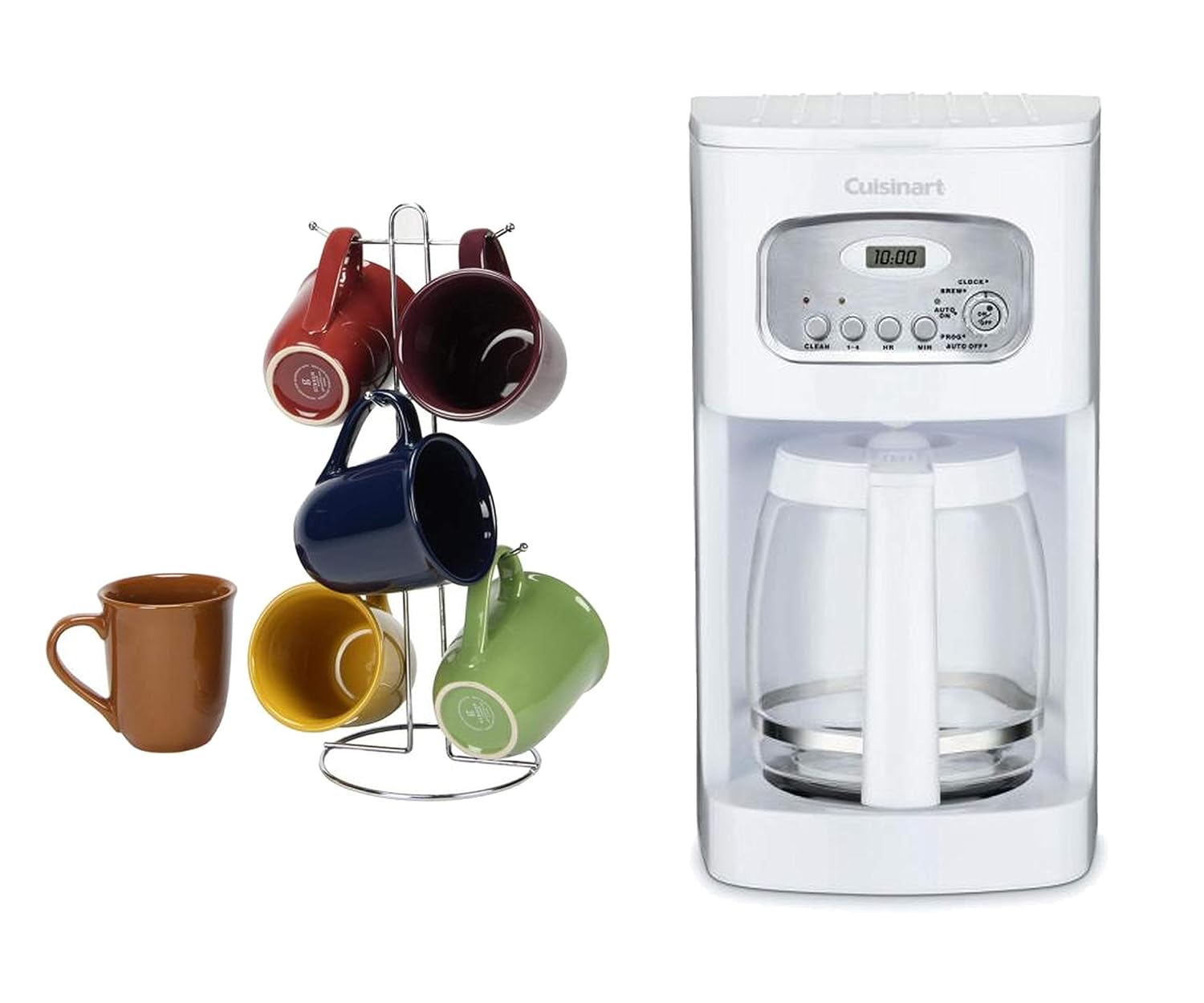 Cuisinart 12 Cup White Drip Coffee and Maker Machine with Carafe bundle with La Rosticceria 6 Piece Large Cafe Amaretto Assorted Colors 15 Ounce Mug Set