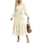 dowerme Women's Casual Dresses 2025 Fall Fashion Long Sleeve Button Up Floral Print Belted Tiered Boho Maxi Party Dress
