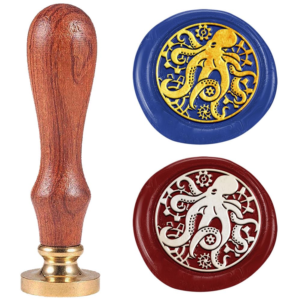 DELORIGIN Steampunk Octopus Wax Seal Stamp 1" Removable Brass Seal Head with Wooden Handle Vintage Embossed Envelope Punk Sealing Wax Stamp for Halloween Invitations Card Festival Gift Packag Decor