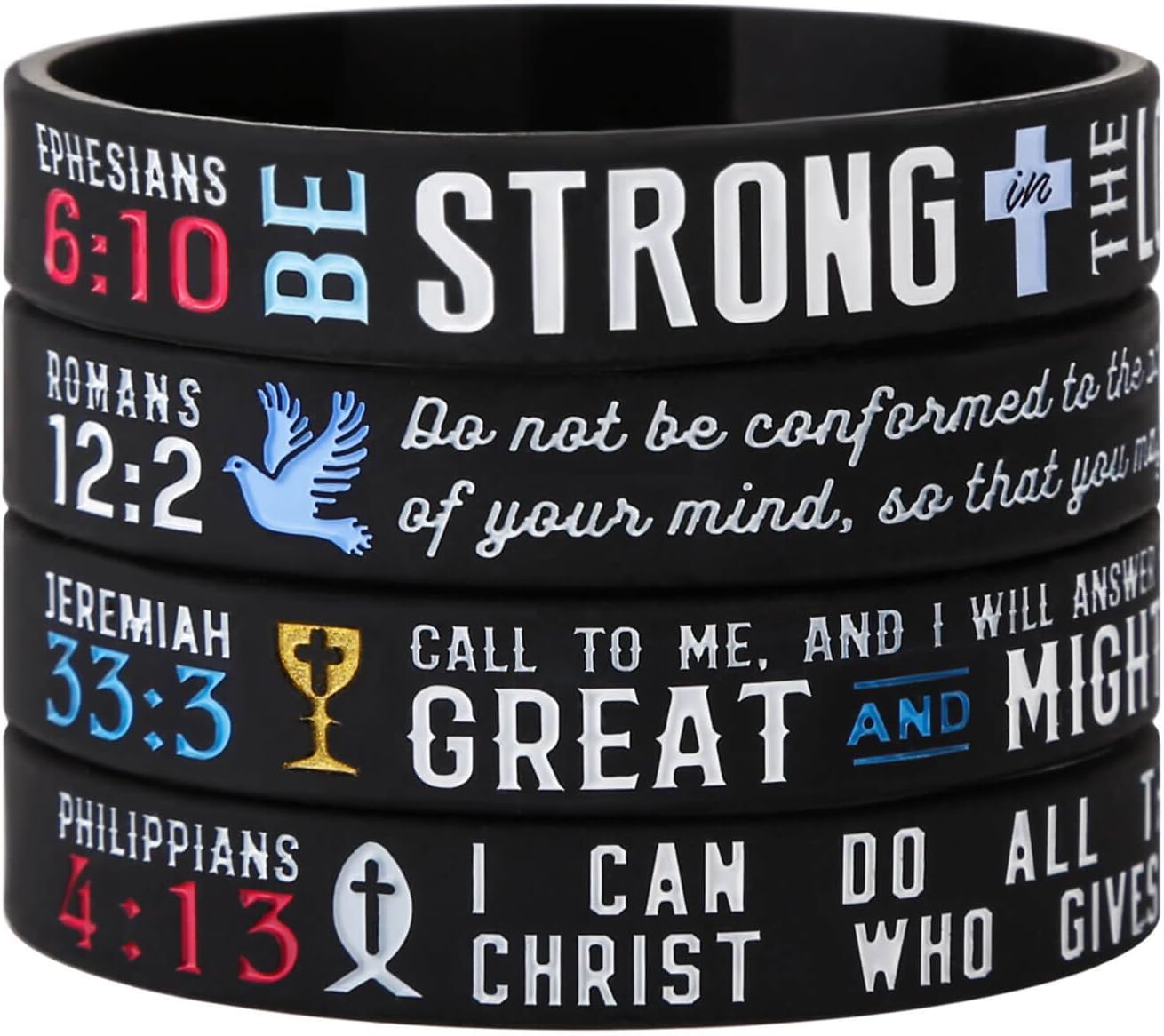 Sainstone Power of Faith Christian Bible Verse Silicone Bracelets - Religious Rubber Wristbands with Christian Symbols (Cross, Grail, Fish, Dove) and Scriptures Holiday Jewelry Gifts