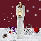 Floryden Christmas Angels Figurines Holding LED Light Crystal Star, Light Up Angel Statues and Figurines for Christmas Table Decor, Holiday, Polyresin 13.7 inch