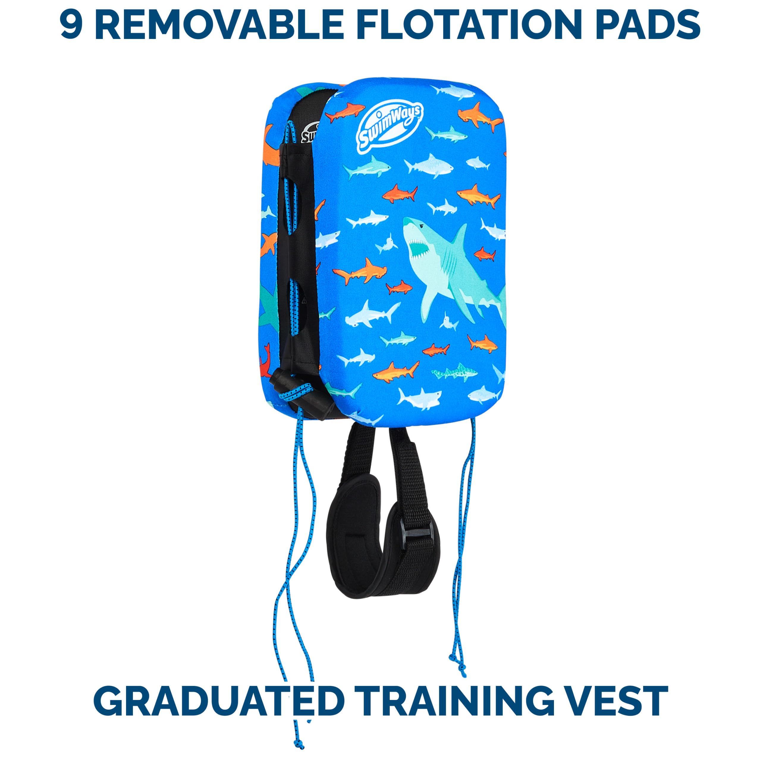 SwimWays Power Swimr Outdoor Pool Swim Vest for Kids, Adjustable Kid Pool Float for Swim Training, Medium, Shark