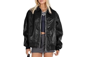 Tankaneo Womens Faux Leather Jackets Oversized Bomber Casual Fall Fashion Zip Up Moto Biker Coats
