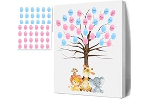 Sirjiera Cute Animals Theme Baby Shower Guest Book, Baby Finger Print Guest Book, Baby Gender Reveal Canvas with Stickers, Gender Reveal Party Fingerprint Tree Sign, Baby Shower Keepsake