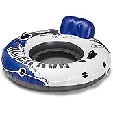 Intex River Run Single Person Inflatable Floating Water Tube Raft with Built-In Backrest, Cupholder, and Mesh Bottom for Lake