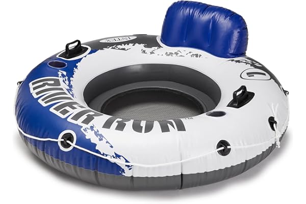 Intex River Run Single Person Inflatable Floating Water Tube Raft with Built-In Backrest, Cupholder, and Mesh Bottom for Lakes and Pools
