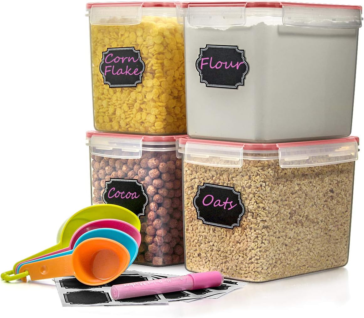 Food Cereal Storage Container - Estmoon Plastic Storage Containers, Airtight, Leak proof With Locking Lids - Suitable For Cereal, Flour, Sugar, Rice, Snacks - Set of 4 (color1)