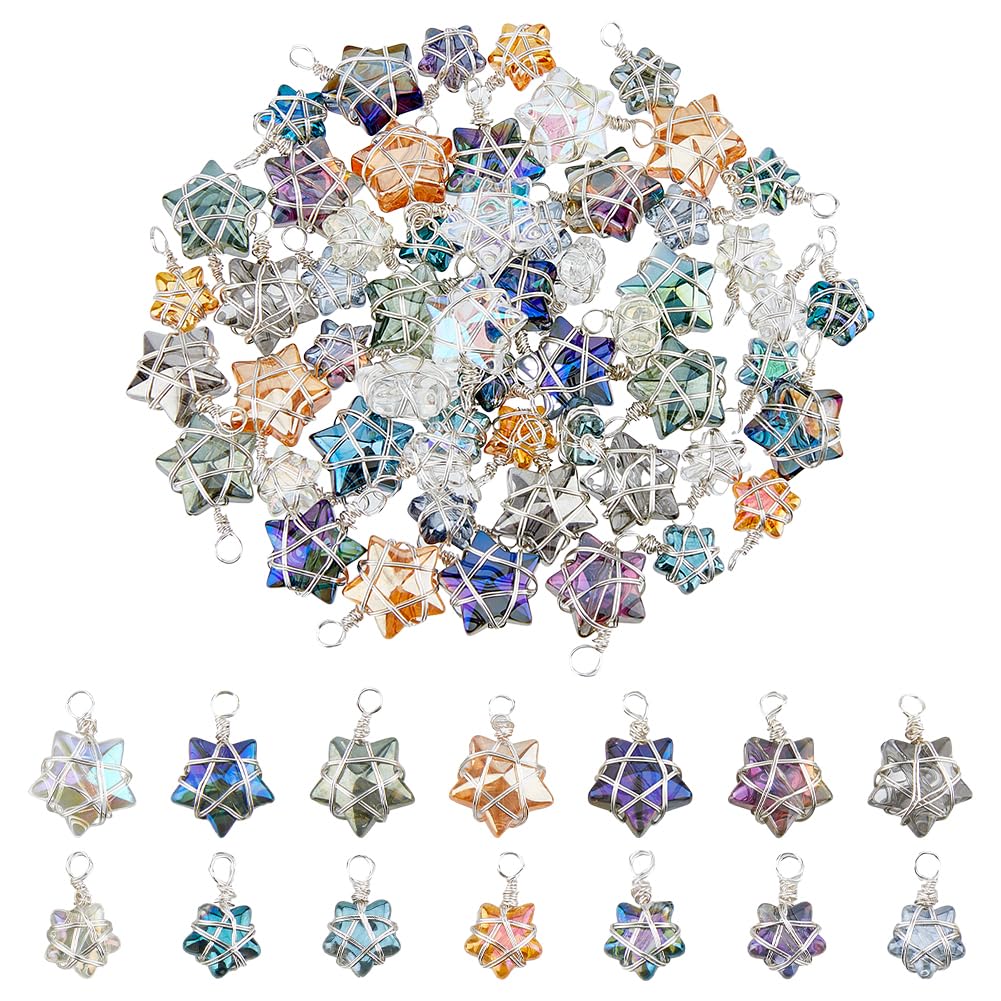 SUPERFINDINGS 56Pcs 2 Sizes Wire Wrapped Star Pendants 7 Colors Crystal Dangle Charms AB Color Electroplate Glass Charms for Earring Bracelet Necklace Jewellery Making, Hole: 2.5~3mm
